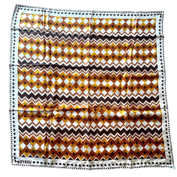 ADOLFO Navajo Print Brown Silk Square Scarf 33“ Mid Century Modern Neck Scarf - Picture 1 of 12
